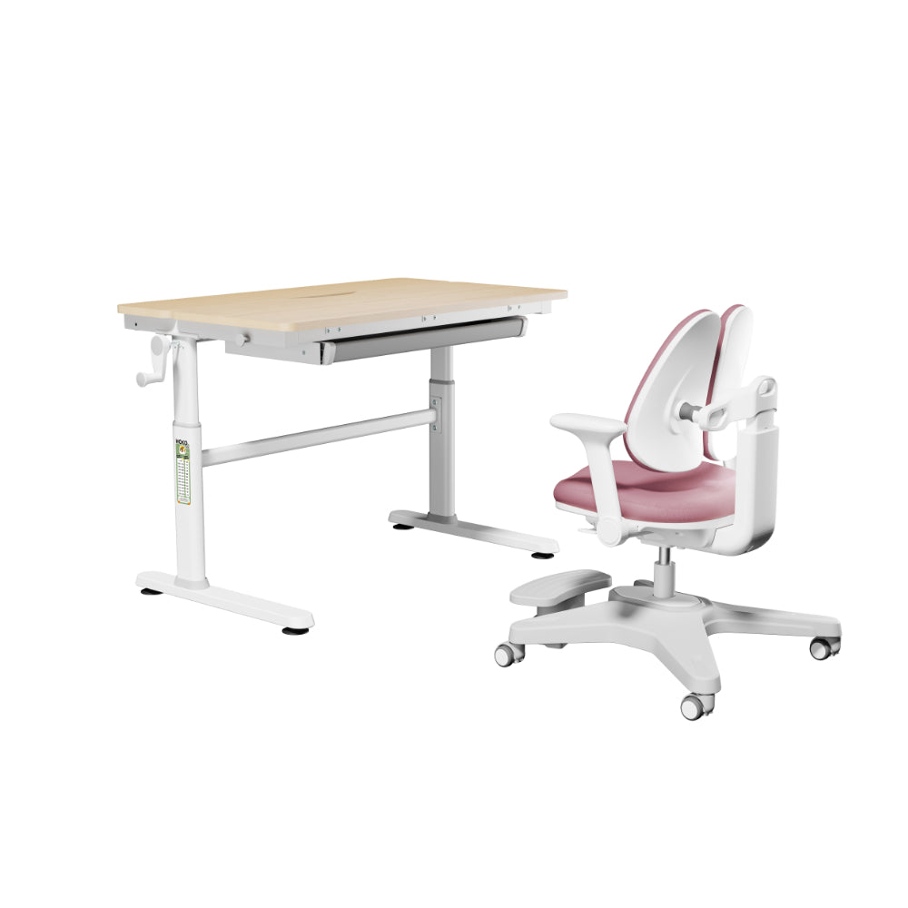 HOKO LUKA & ANKE Ergonomisches Mitwachs-Set für Kinder – Höhenverstellbarer Schreibtisch in Weiß mit komfortablem Drehstuhl