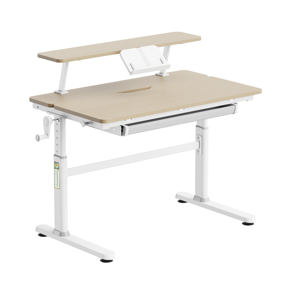 LUCA Höhenverstellbarer Schülerschreibtisch 100x60 cm mit neigbarer Tischplatte und integrierter Schublade in Holzoptik, ideal für kleinere Kinderzimmer