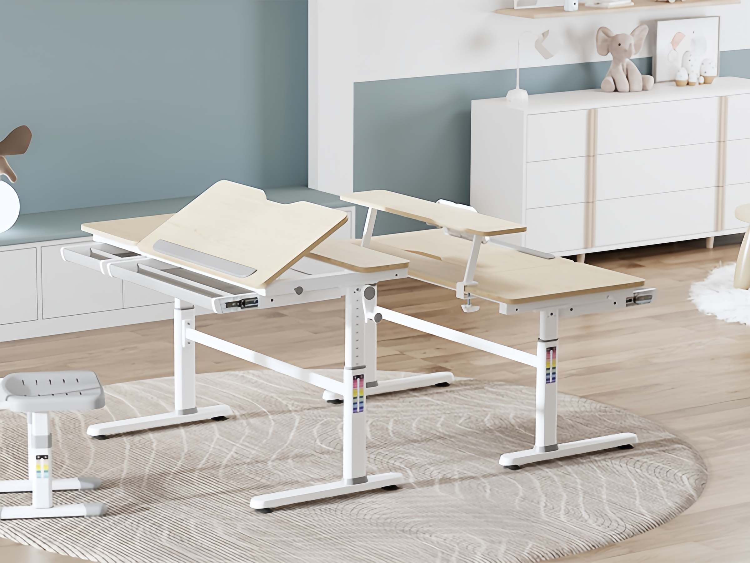 HOKO Kinderschreibtisch höhenverstellbar Handkurbel, Kinderzimmer Schreibtisch, verstellbar Tischplatte, große Schubladen, Holz