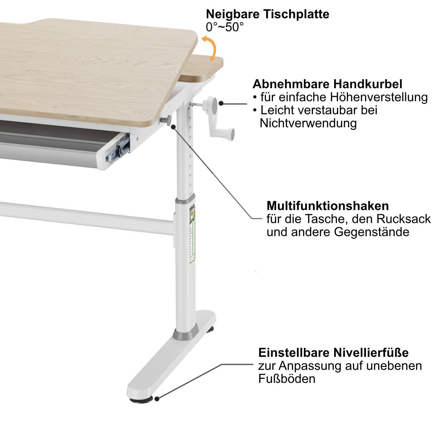 LUCA Höhenverstellbarer Schülerschreibtisch 100x60 cm mit neigbarer Tischplatte und integrierter Schublade in Holzoptik, ideal für kleinere Kinderzimmer