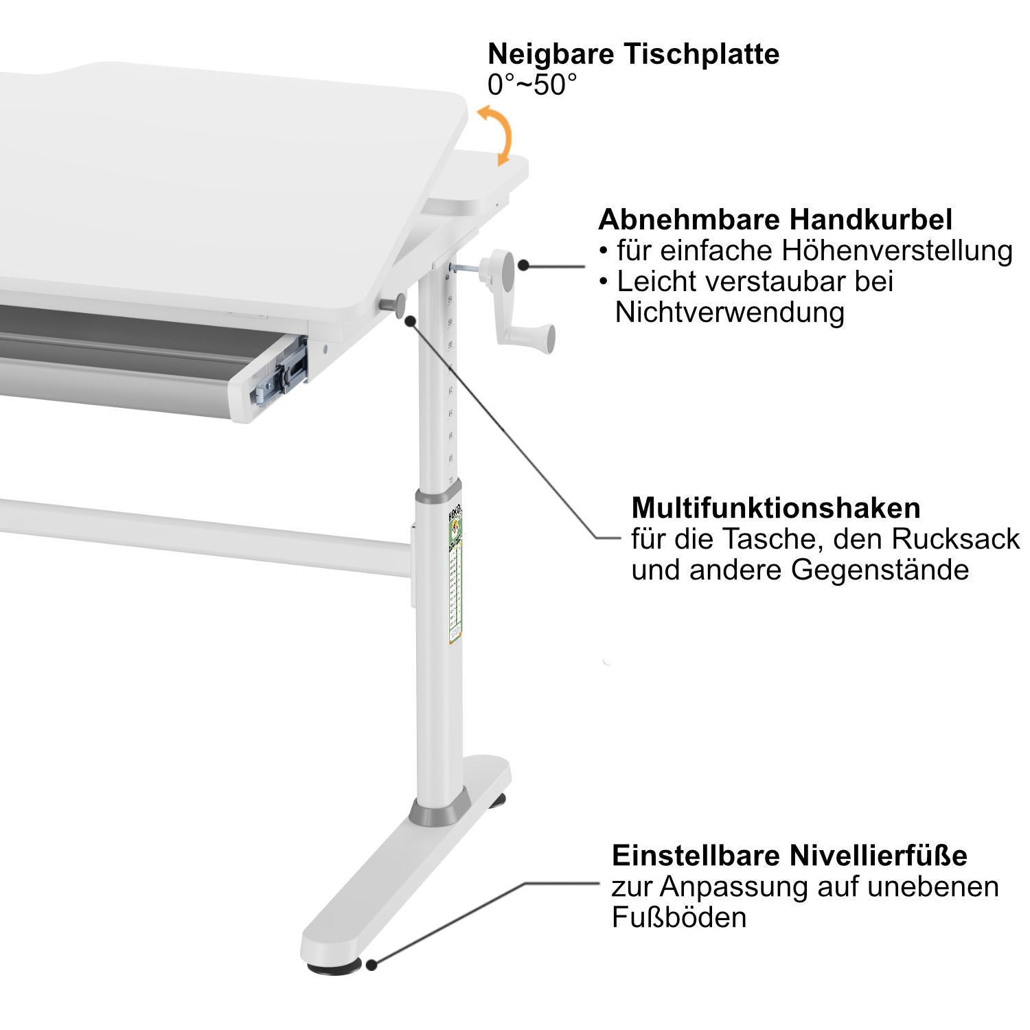 JANA Höhenverstellbarer Computertisch für Jugendliche 100x60 cm, neigbar bis 50°, mit Schublade, ergonomisch, Weiß