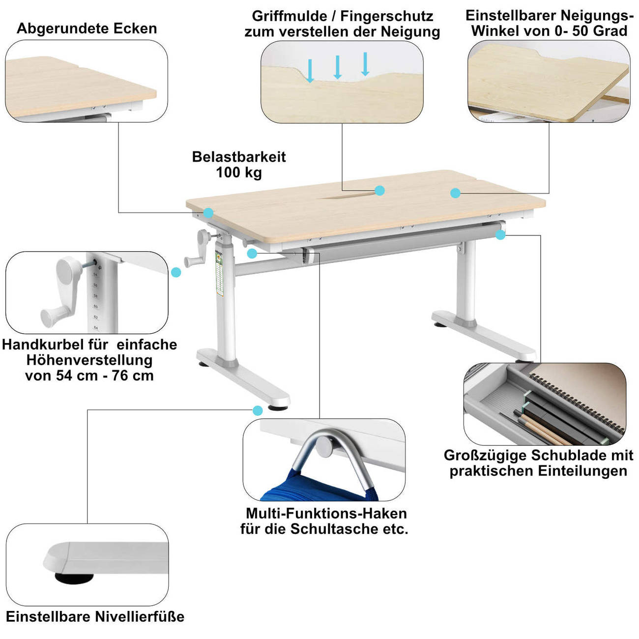 LUCA Height-Adjustable Student Desk – 100x60 cm, Tiltable Desktop with Integrated Drawer, Wood Look, Ideal for Small Kids' Rooms
