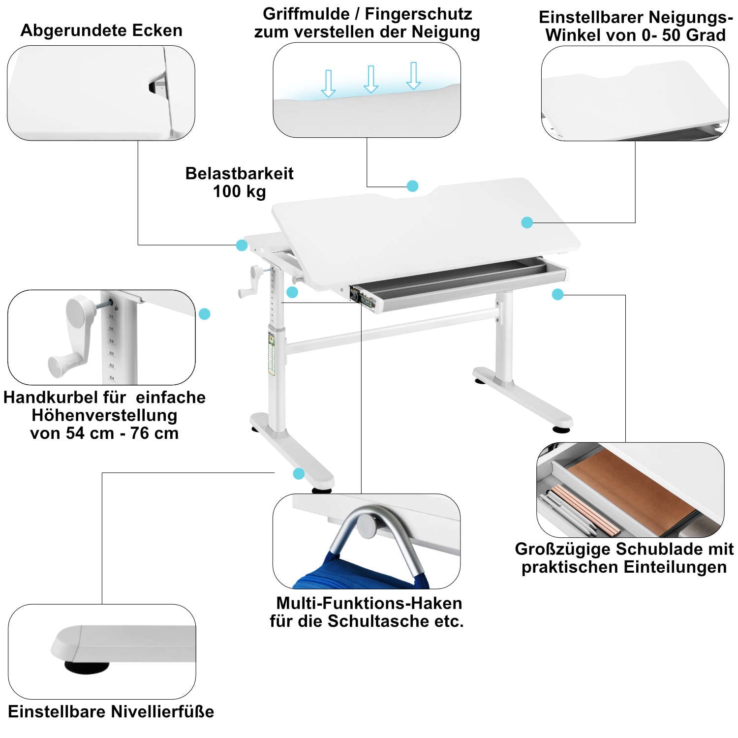 JANA & LUBU, Ergonomisches Kinderschreibtisch-Set mit Buchhalter – Manuell höhenverstellbar, neigbare Tischplatte, 100x60 cm, Weiß