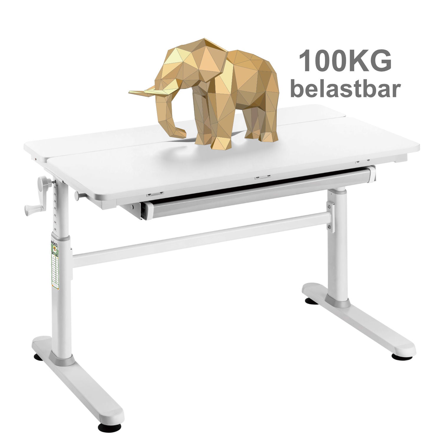 JANA Höhenverstellbarer Computertisch für Jugendliche 100x60 cm, neigbar bis 50°, mit Schublade, ergonomisch, Weiß