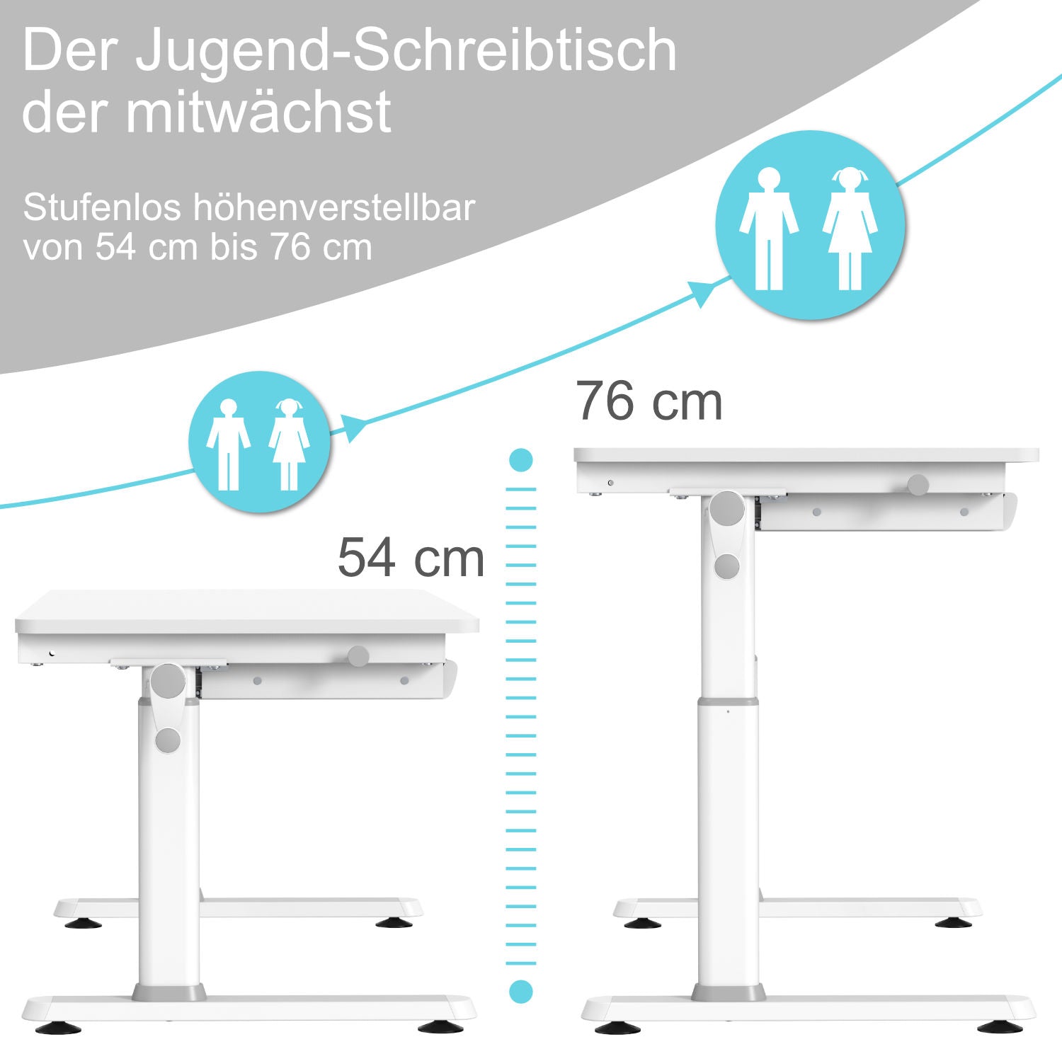 JANA Höhenverstellbarer Computertisch für Jugendliche 100x60 cm, neigbar bis 50°, mit Schublade, ergonomisch, Weiß