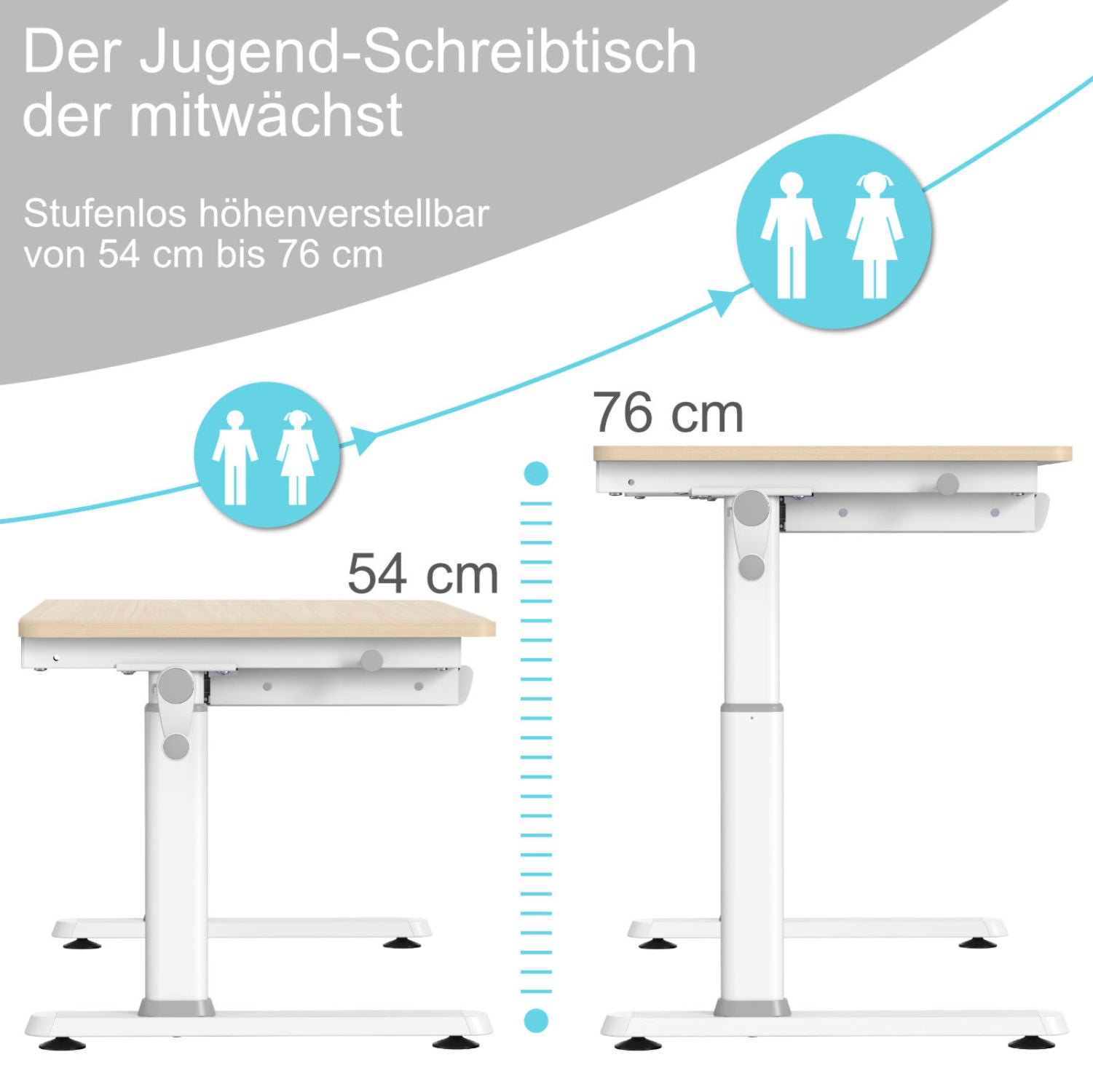 LUCA Höhenverstellbarer Schülerschreibtisch 100x60 cm mit neigbarer Tischplatte und integrierter Schublade in Holzoptik, ideal für kleinere Kinderzimmer