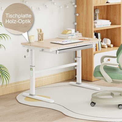 LUCA Höhenverstellbarer Schülerschreibtisch 100x60 cm mit neigbarer Tischplatte und integrierter Schublade in Holzoptik, ideal für kleinere Kinderzimmer