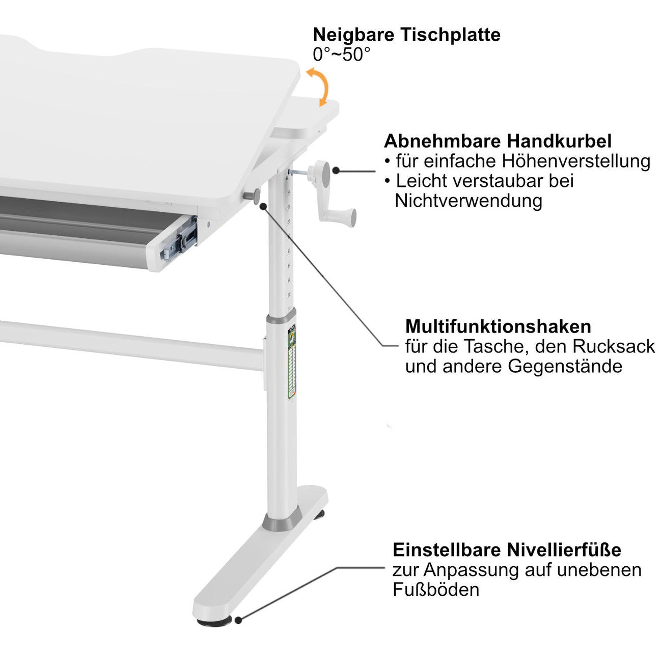 JOJO Height-Adjustable Kids’ Desk – 98x70 cm, Tiltable Top with Drawer, Ergonomic & Stable, for Ages 6+, White/Grey