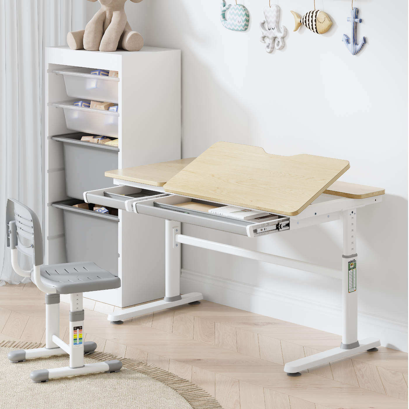 CELIN & ALVO ergonomisches Schreibtisch-SET für Kinder – höhenverstellbar, neigbare Tischplatte, mit Buchhalter, Holz Optik, 120x60 cm
