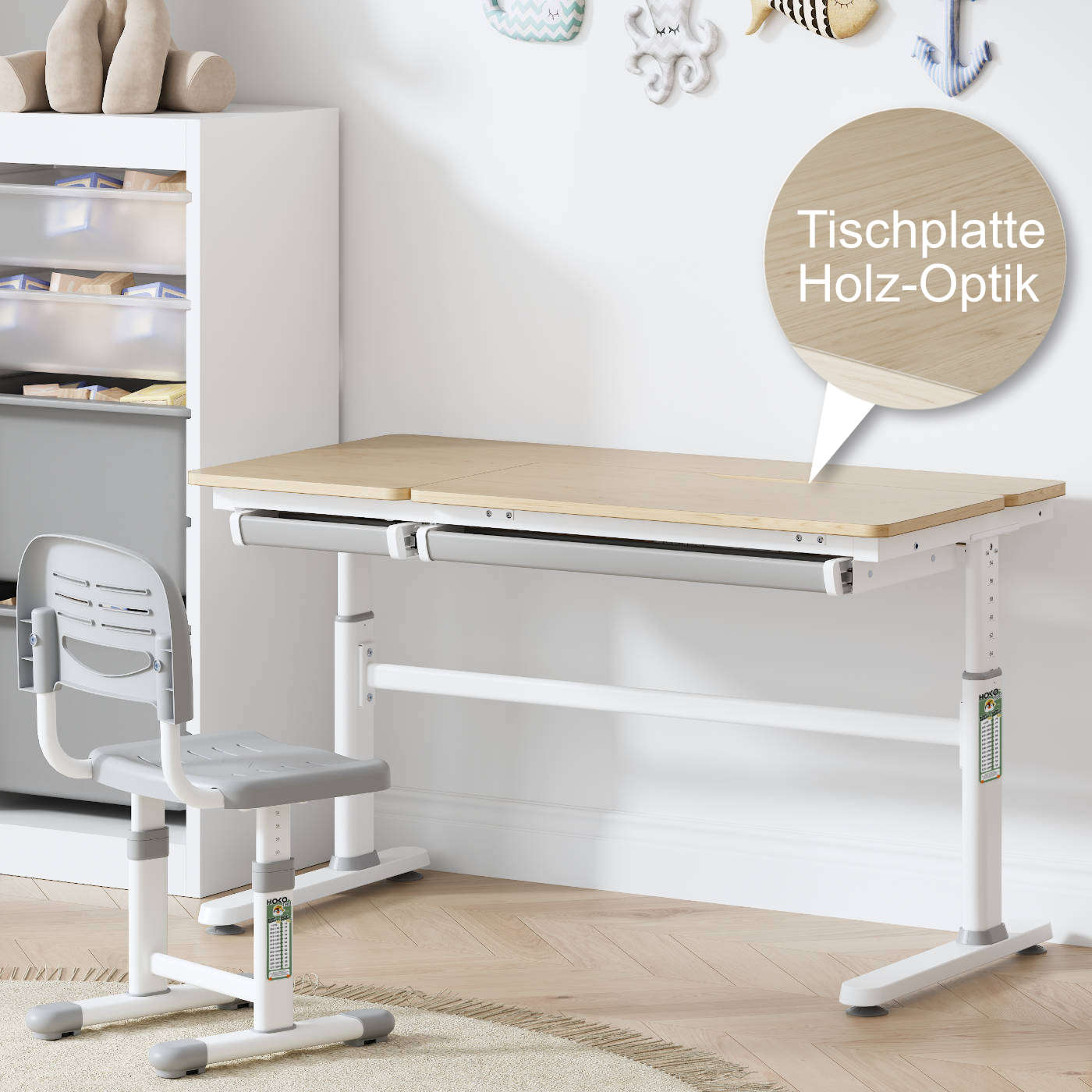 CELIN & ALVO ergonomisches Schreibtisch-SET für Kinder – höhenverstellbar, neigbare Tischplatte, mit Buchhalter, Holz Optik, 120x60 cm