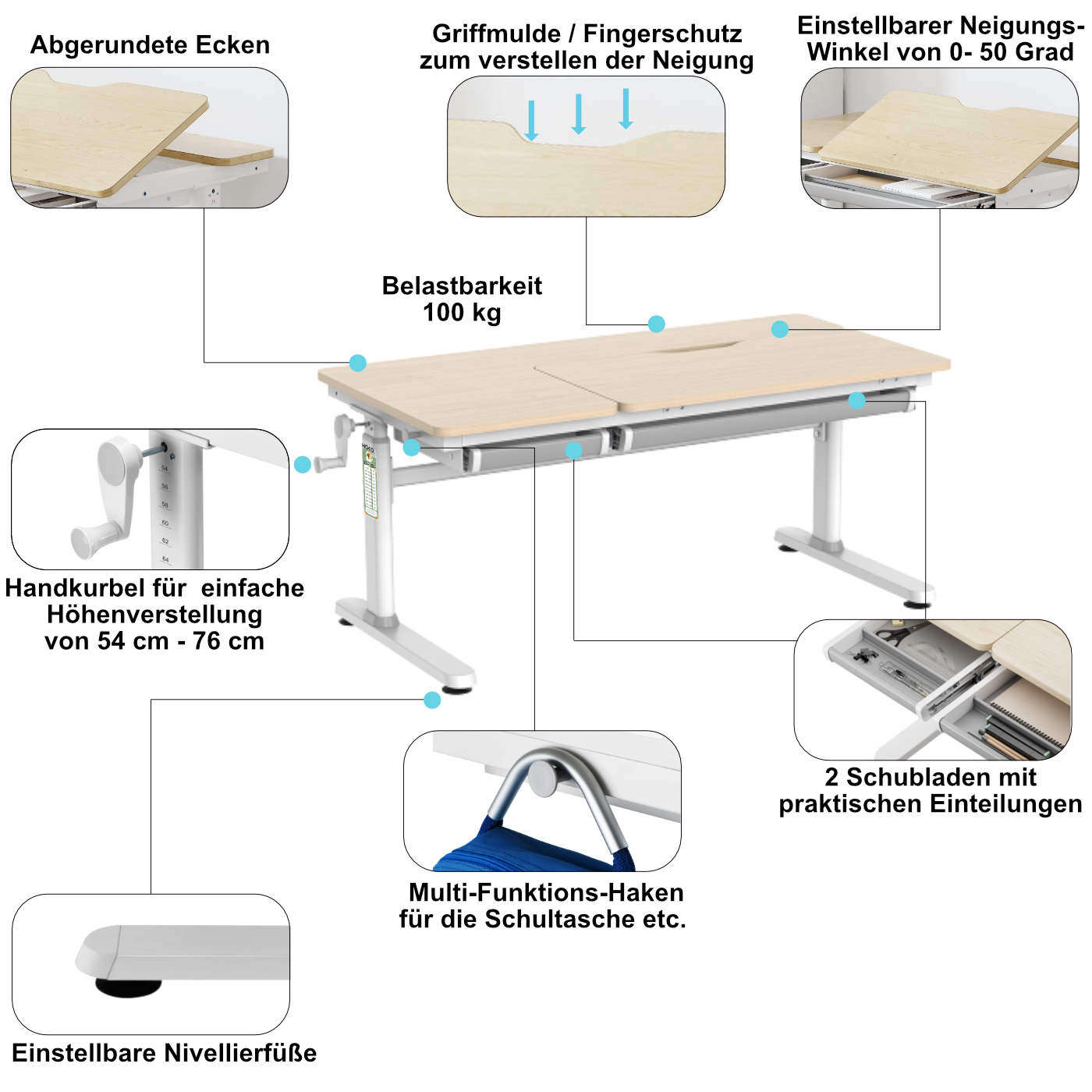CELIN & ALVO Children’s Study Desk Set – 120x60 cm Adjustable Desk in Wood Look with Tilting Desktop & Book Holder