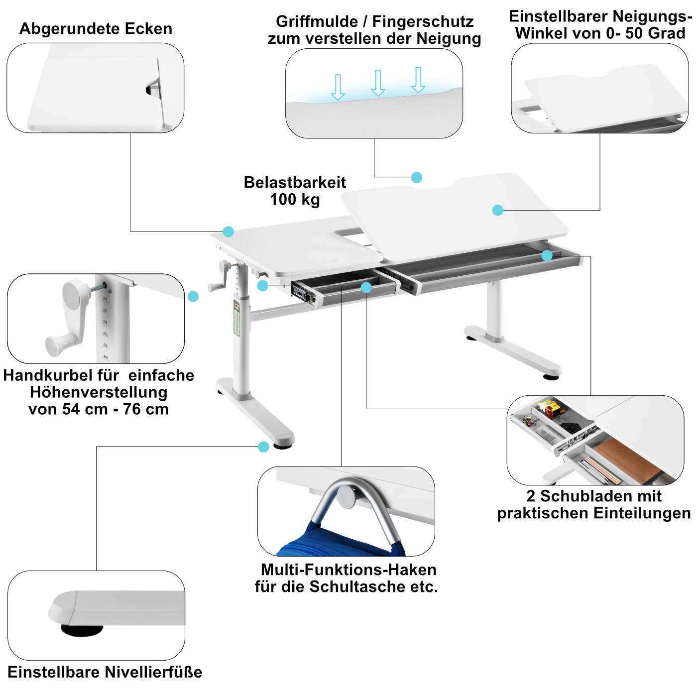 ELIN und LUBU Kinderschreibtisch-Set mit Buchstütze – Höhenverstellbar & neigbar, 120x60 cm, Weiß