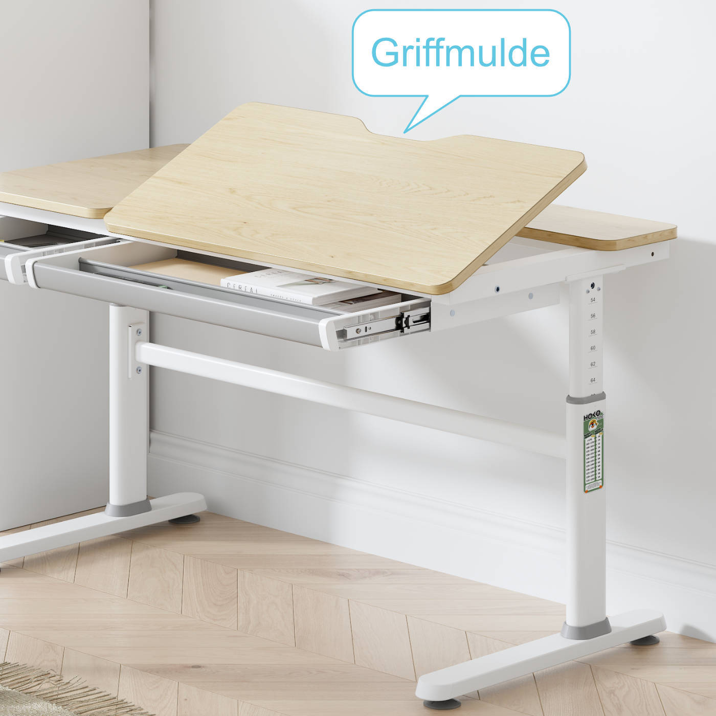 CELIN Kinder Schreibtisch 120x60 cm höhenverstellbar – mit neigbarer Tischplatte & Ablage, Holzoptik, ideal fürs Kinderzimmer & Hausaufgaben