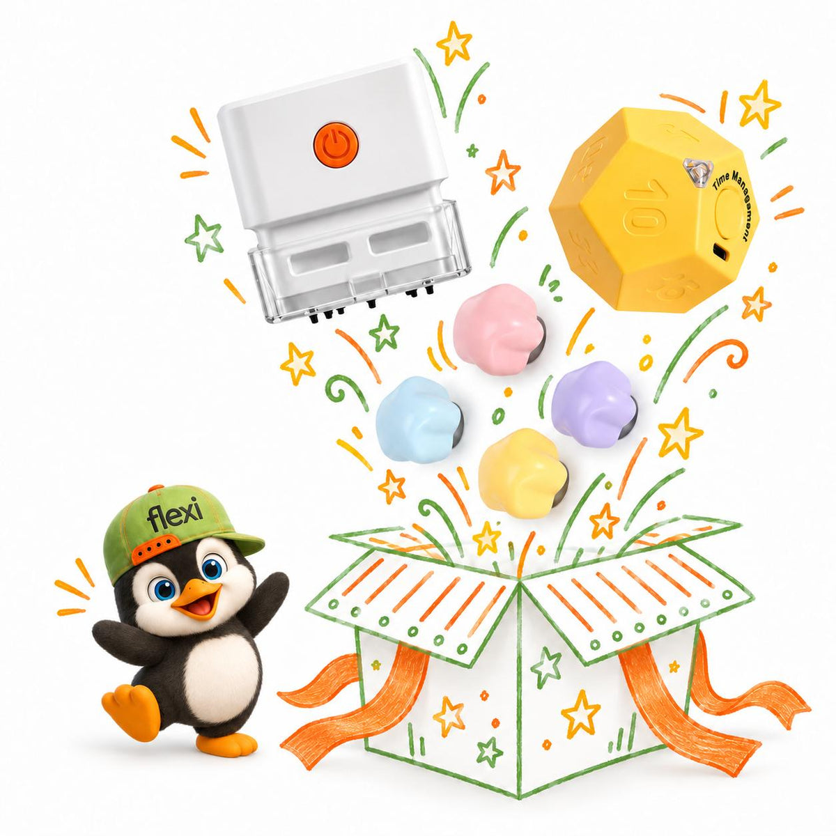 HOKO Lernplatz-Geschenkset für Kinder – TICKO Timer, BEN Mini-Tischstaubsauger & 4 bunte Magnethaken