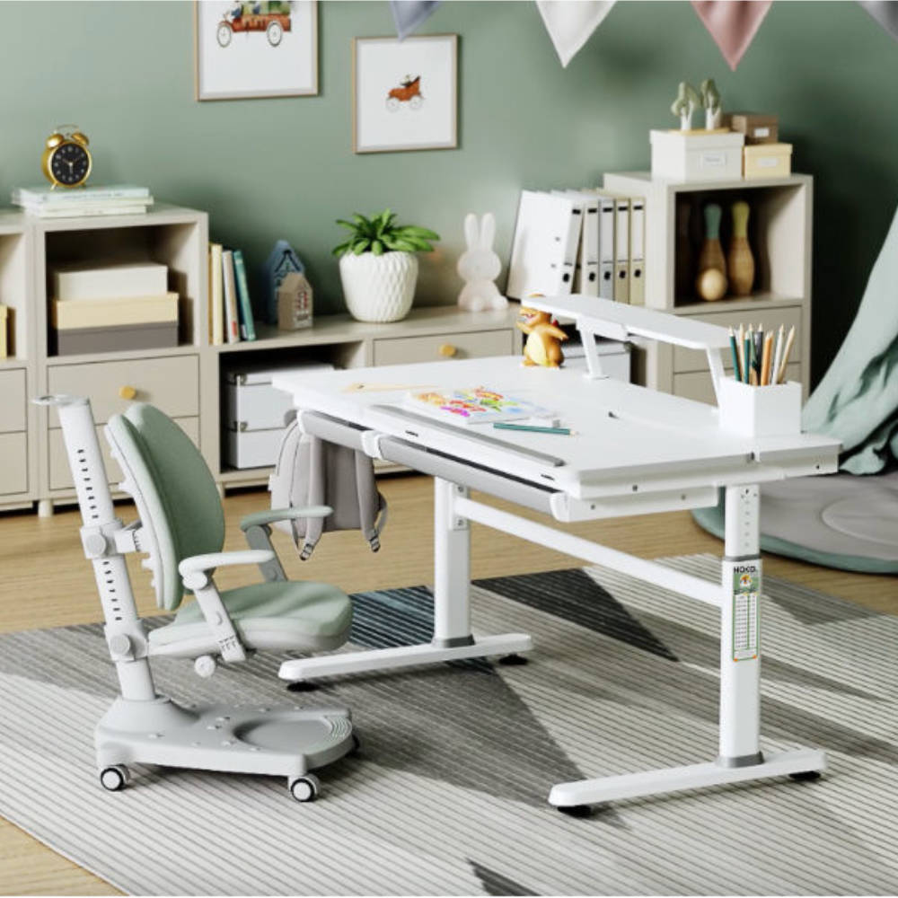 ELIN und JONA Kinderschreibtisch SET mit Buchhalter – manuell höhenverstellbar, neigbar, 120x60 cm, Weiß