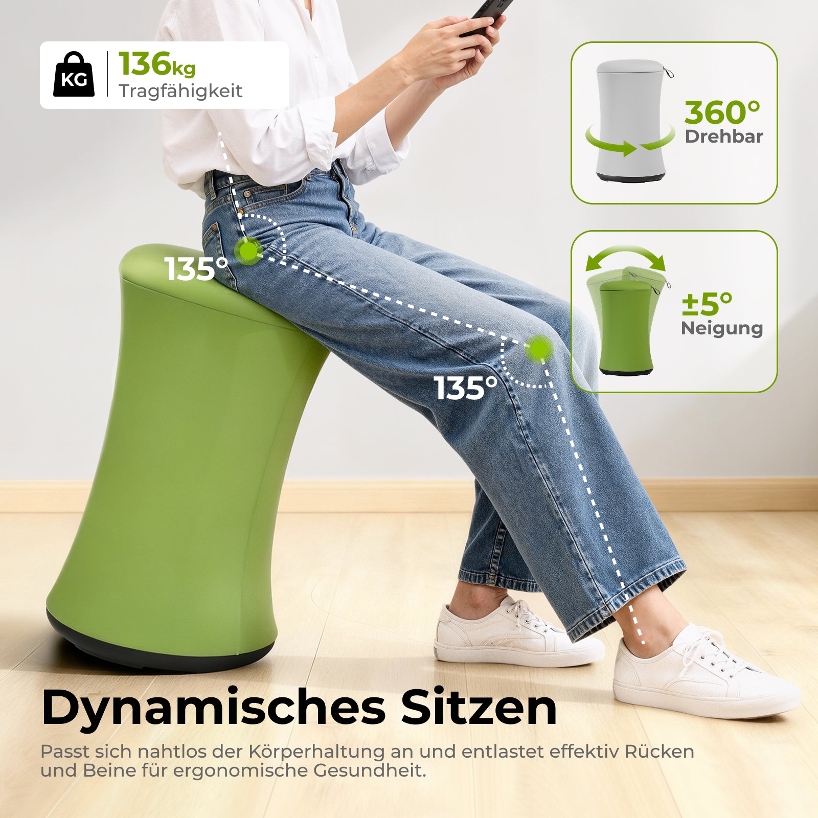LINO Ergonomischer Aktiv-Hocker mit 360° Drehung & 5° Neigung – Höhenverstellbarer Balancehocker für dynamisches Sitzen im Büro oder Zuhause