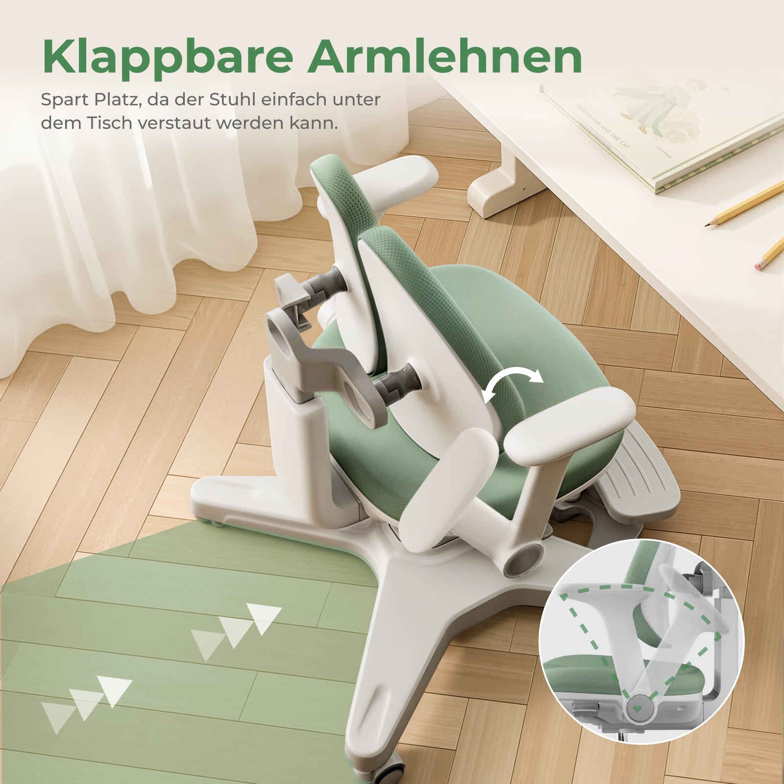 ELIN & ANTON mitwachsendes Kinderschreibtisch & Stuhl SET, höhenverstellbarer Tisch in Weiß 120x60cm und bequemer Stuhl mit Rollen