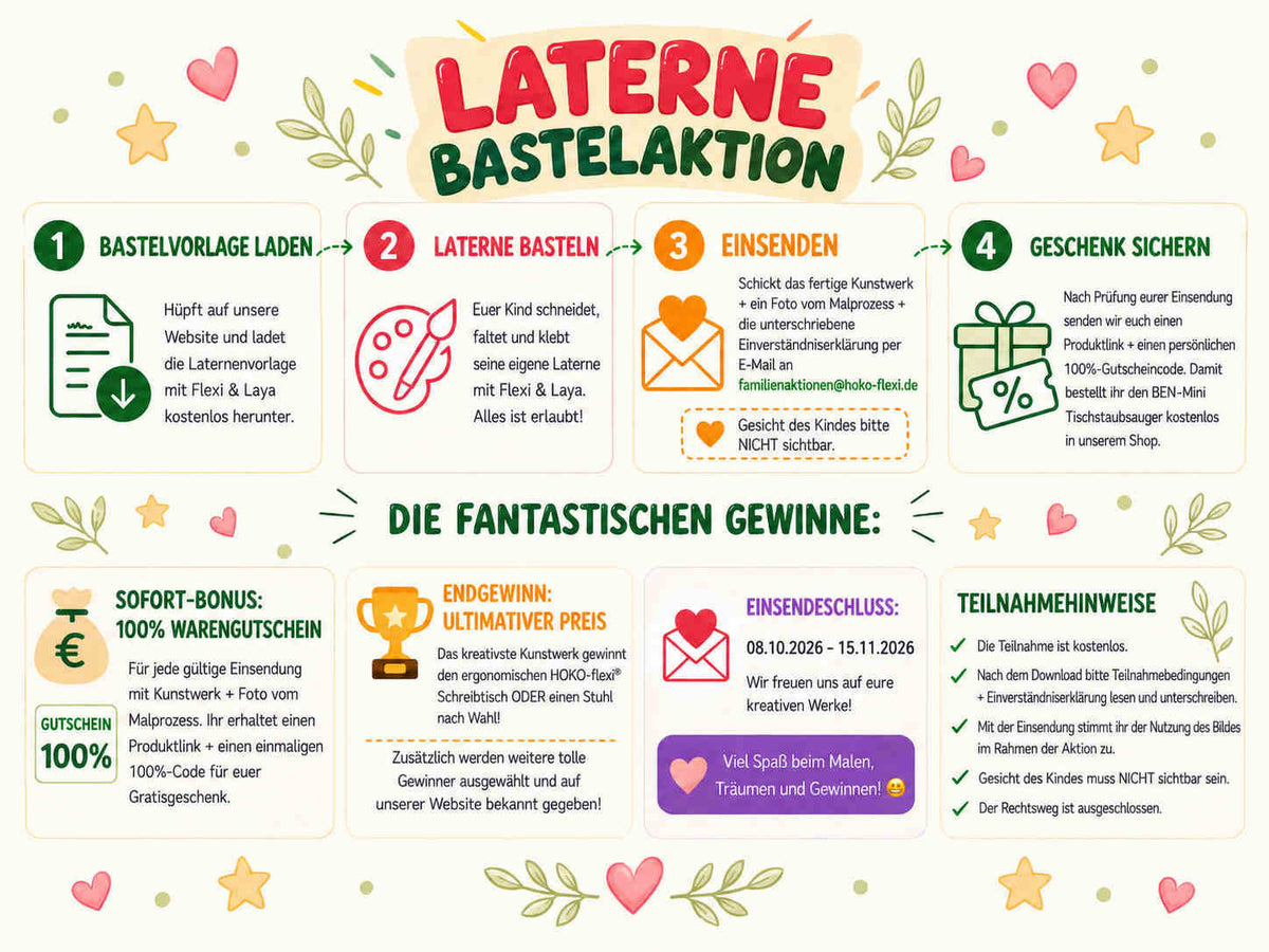 Zwei Kinder basteln gemeinsam leuchtende Laternen für die HOKO-flexi Laternen-Bastelaktion 2026 mit Download-Vorlage, Einsendeschluss und Gewinnaktion.