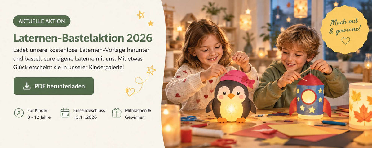 Zwei Kinder basteln gemeinsam leuchtende Laternen für die HOKO-flexi Laternen-Bastelaktion 2026 mit Download-Vorlage, Einsendeschluss und Gewinnaktion.