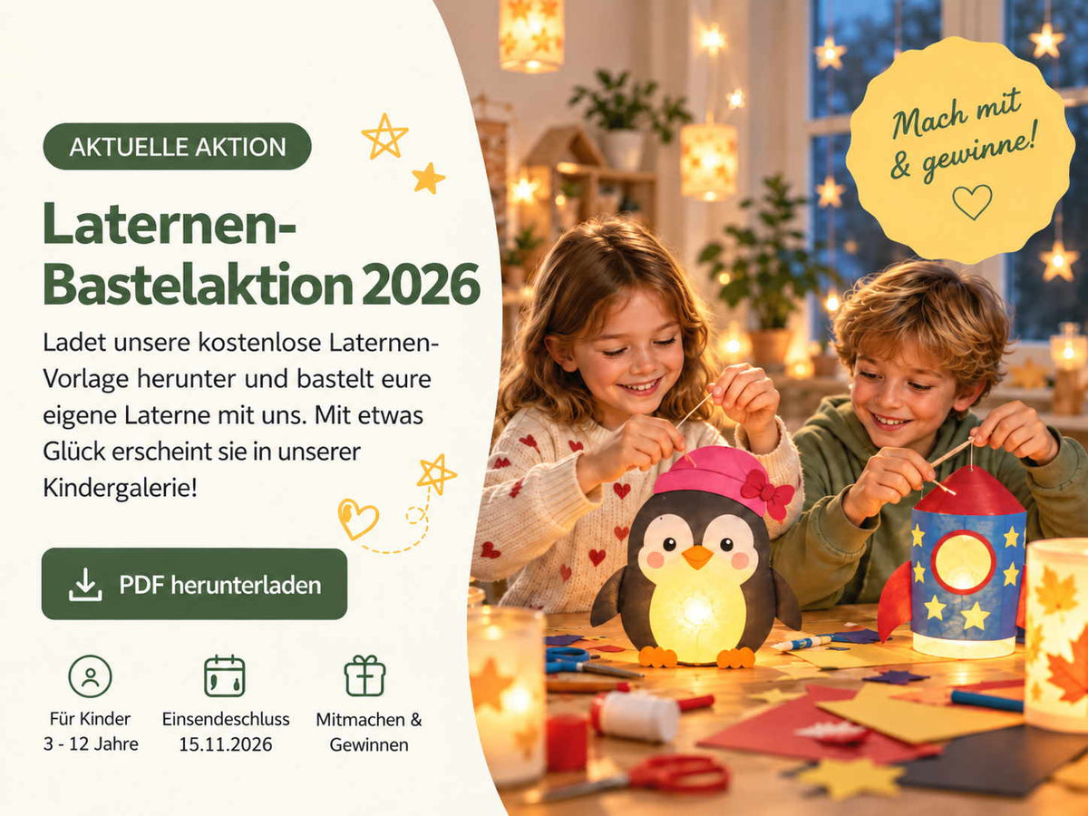 Zwei Kinder basteln gemeinsam leuchtende Laternen für die HOKO-flexi Laternen-Bastelaktion 2026 mit Download-Vorlage, Einsendeschluss und Gewinnaktion.