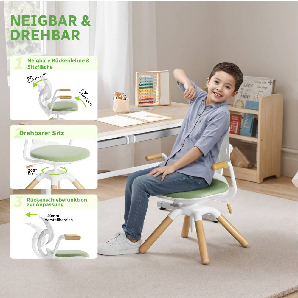 LEVI Ergonomischer mitwachsend Kinder-Drehstuhl mit höhenverstellbarem Sitz, neigbarer Rückenlehne und Sitzfläche, ideal für Kinder & Jugendliche