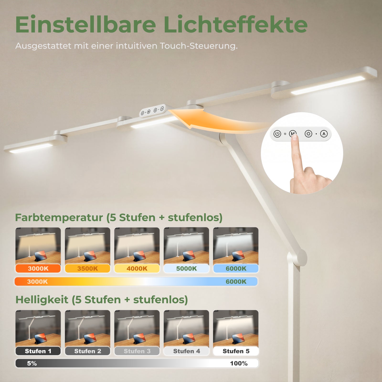 HOKO LED Desk Lamp with Clamp, 3 Light Bars, 1050 mm, 1300 lm, Dimmable, 3000–6000 K