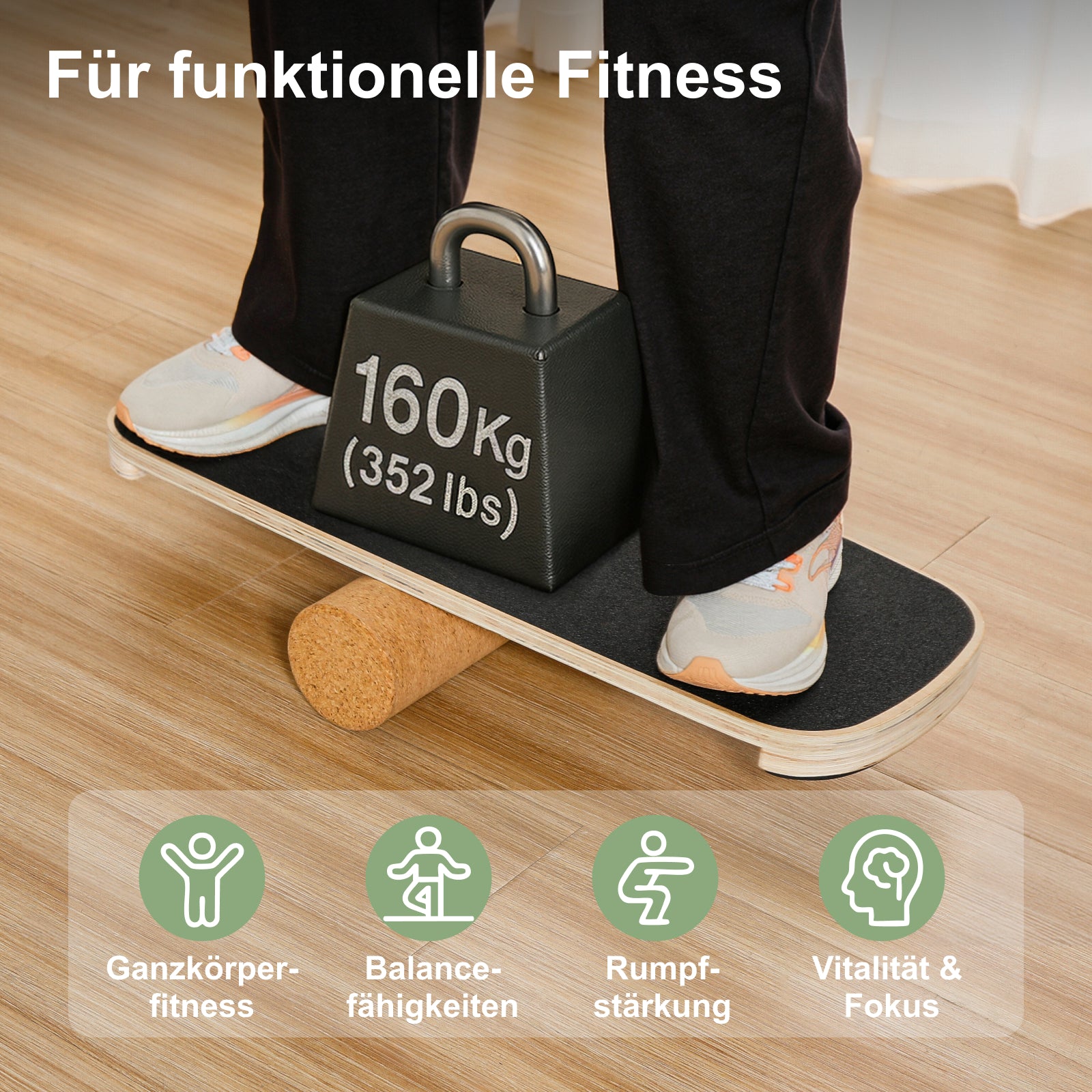 ROLLO Balance Board aus Holz mit Korkrolle – trainiert Gleichgewicht, Core und Koordination. Für Kinder ab 4 Jahren & Erwachsene, bis 160 kg belastbar