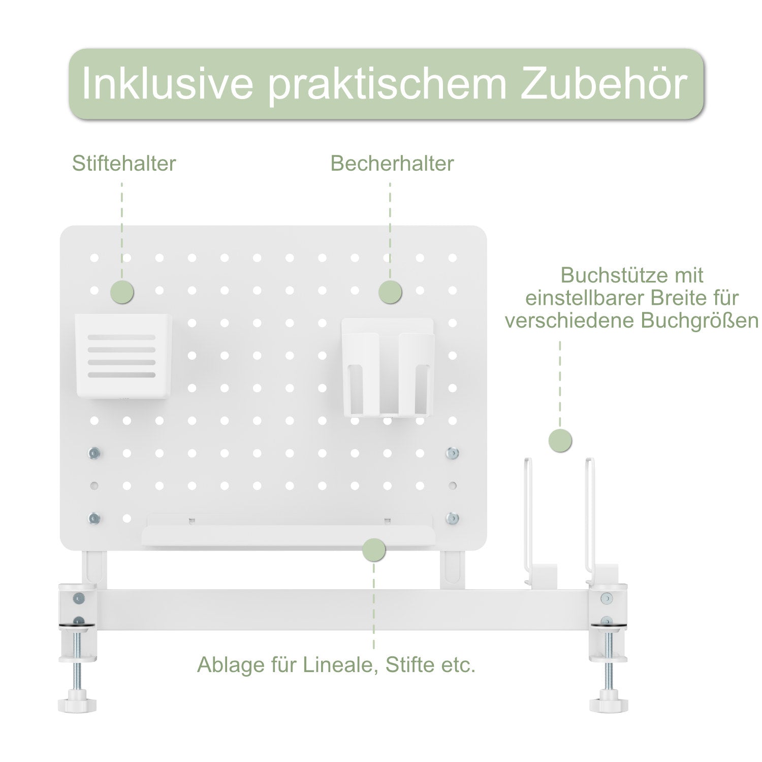 TINO Memo Pegboard Set – White Wall Organizer for Kids’ Desk, Perforated Board with Hooks & Storage Shelves