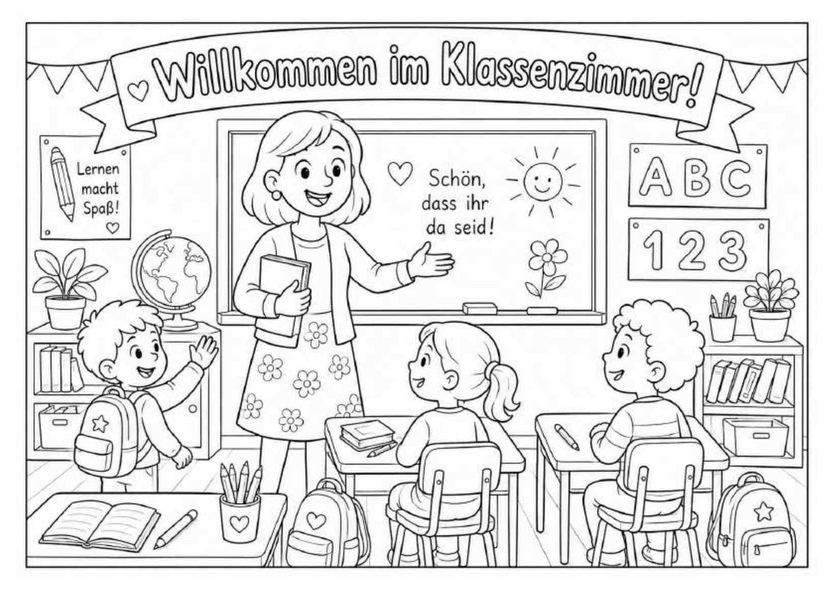 Eine Lehrerin begrüßt drei Schulkinder in einem freundlichen Klassenzimmer mit Tafel, Büchern und Schulranzen.