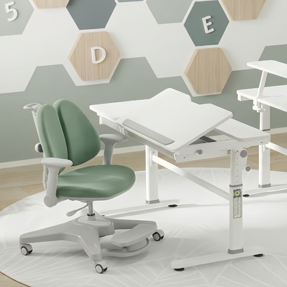 ELIN & ANTON Adjustable Kids Desk & Chair Set – White Height-Adjustable Desk with Comfortable Rolling Chair