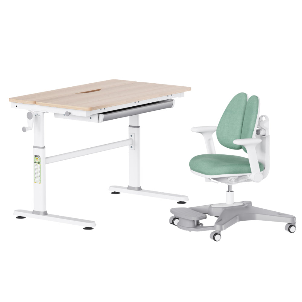 LUKA & ANTON Höhenverstellbares Kinderschreibtisch-und-Stuhl-Set – Mitwachsender Schreibtisch in Holz-Optik mit bequemem Rollstuhl