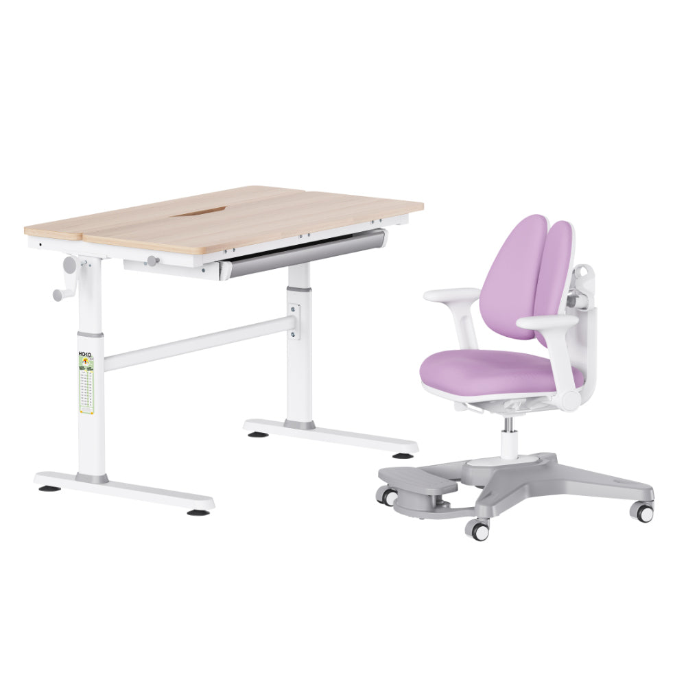 LUKA & ANKE Ergonomisches Mitwachs-Set für Kinder – Höhenverstellbarer Schreibtisch in Weiß mit komfortablem Drehstuhl