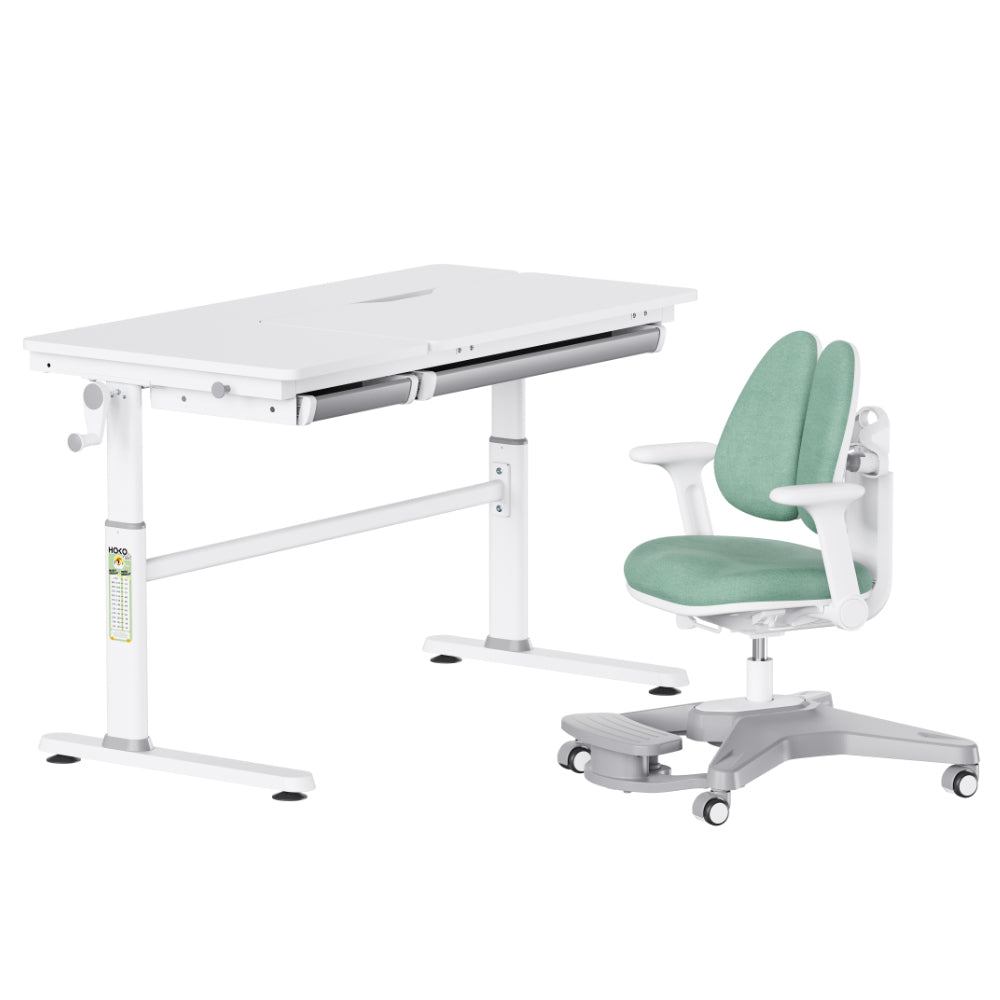 ELIN & ANTON mitwachsendes Kinderschreibtisch & Stuhl SET, höhenverstellbarer Tisch in Weiß 120x60cm und bequemer Stuhl mit Rollen