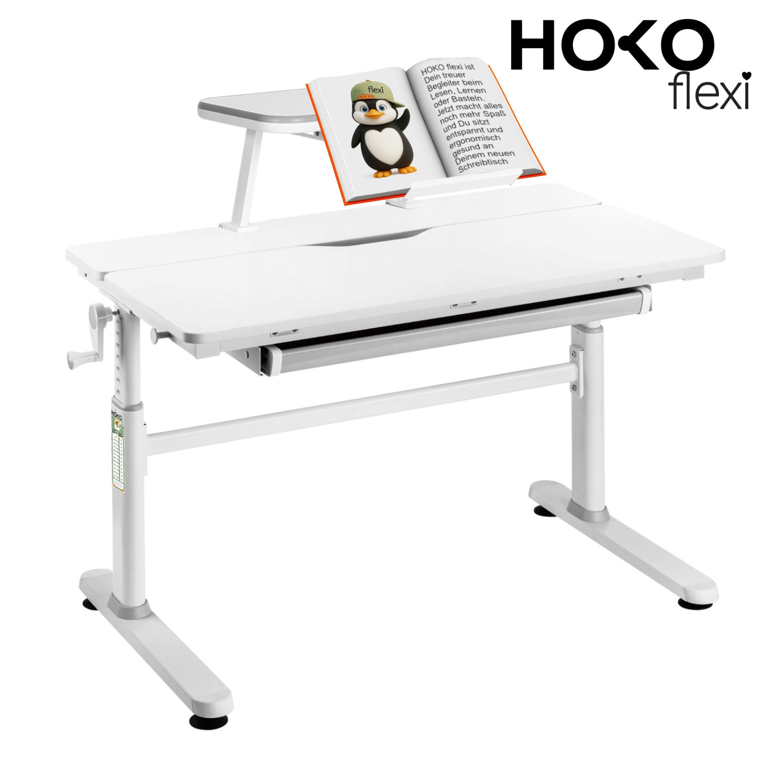 JANA & LUBU, Ergonomisches Kinderschreibtisch-Set mit Buchhalter – Manuell höhenverstellbar, neigbare Tischplatte, 100x60 cm, Weiß