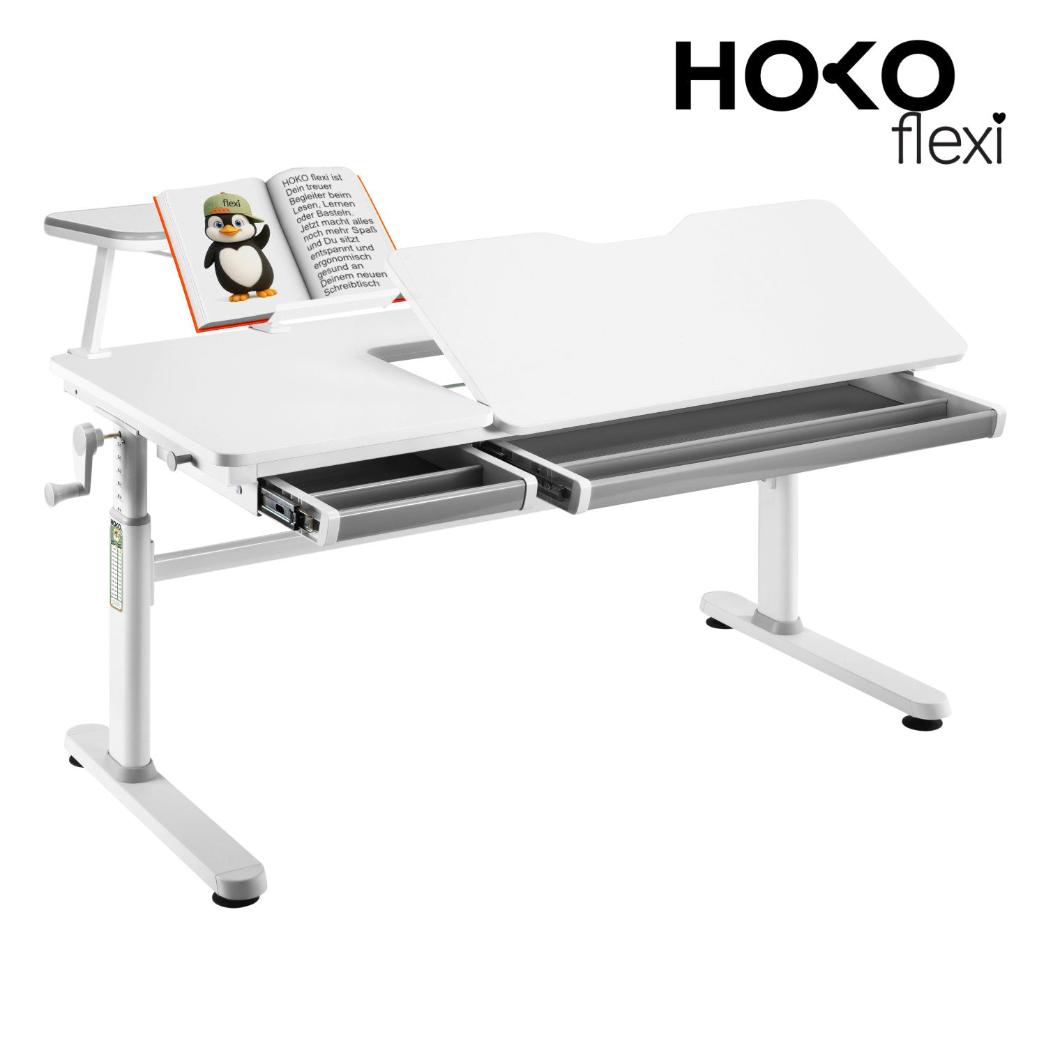 ELIN und LUBU Kinderschreibtisch-Set mit Buchstütze – Höhenverstellbar & neigbar, 120x60 cm, Weiß