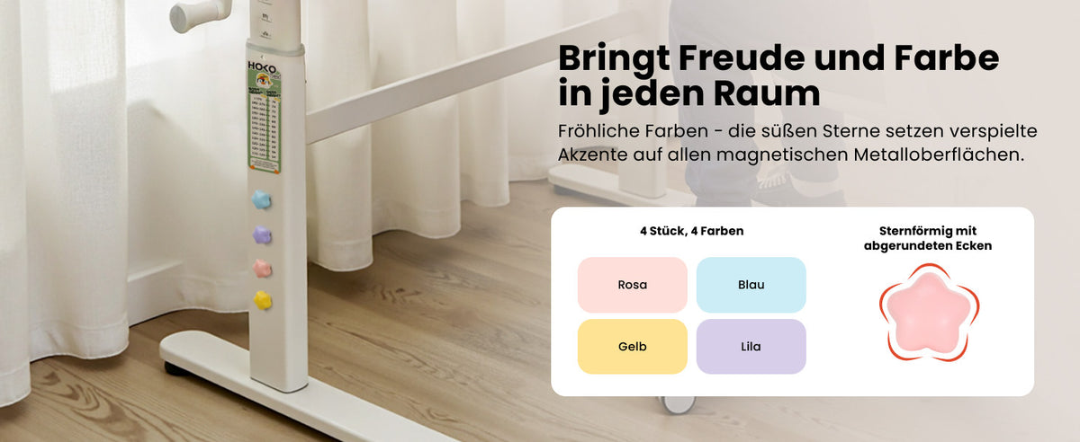 Vier farbige Sternmagnete am HOKO-flexi Schreibtisch mit Übersicht zu Farben und abgerundeter Sternform.