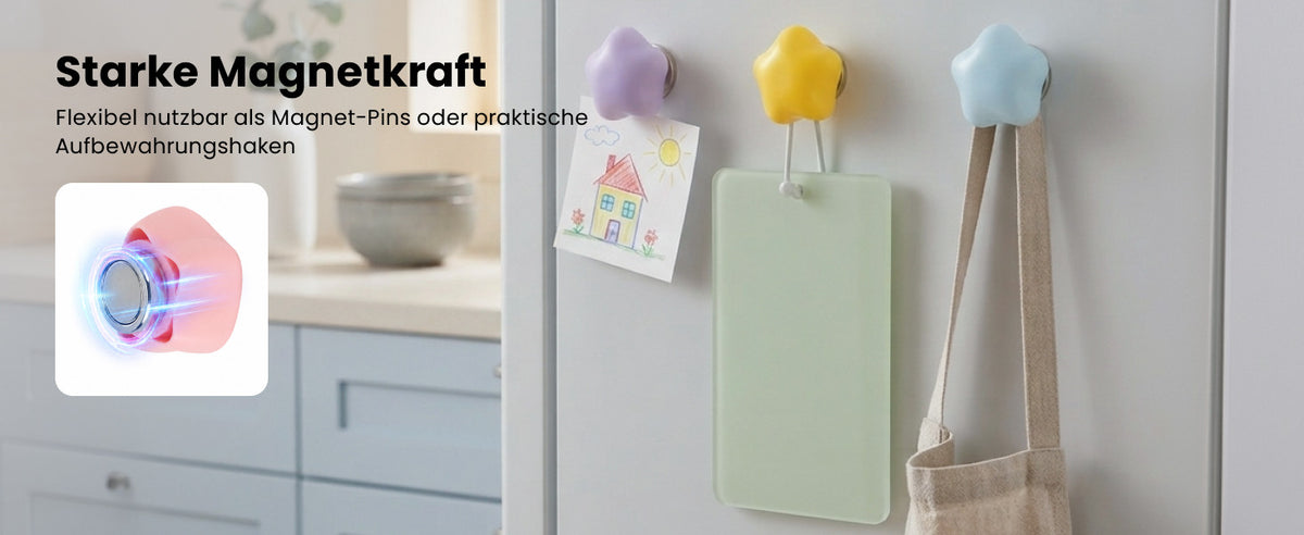 Starke Sternmagnete an einer Metallfläche – als Magnet-Pins und praktische Haken für Notizen, Tasche und Zubehör.