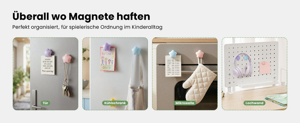Bunte Sternmagnete auf Tür, Kühlschrank, Mikrowelle und Lochwand – vielseitig für Notizen, Schlüssel und Zubehör.
