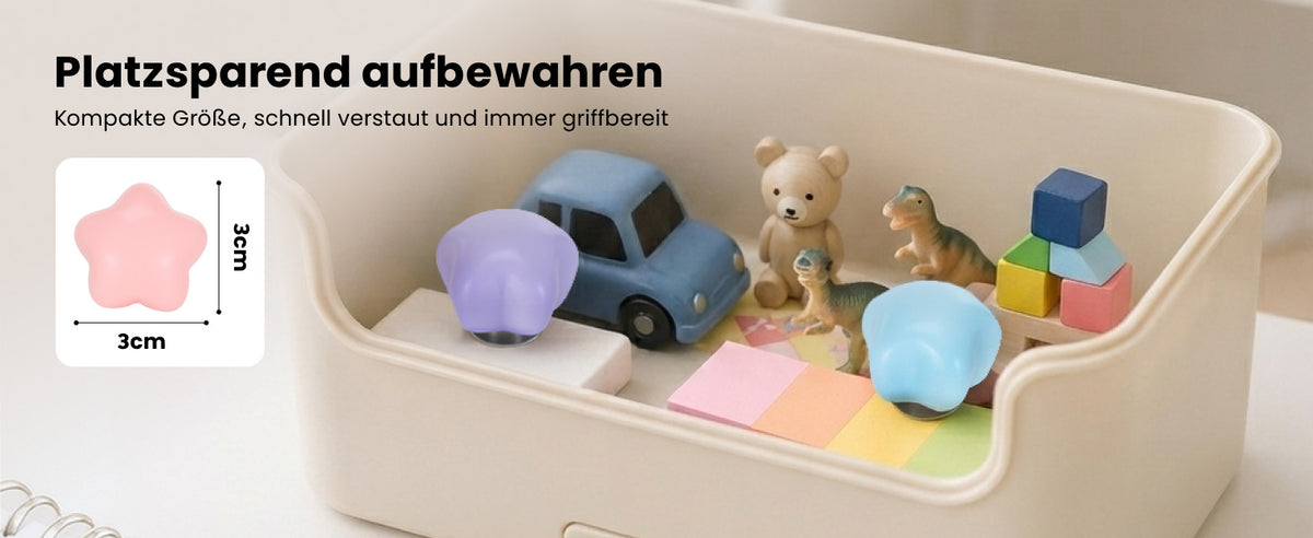 Kompakte Sternmagnete mit 3 cm Größe – platzsparend in einer Aufbewahrungsbox verstaut.