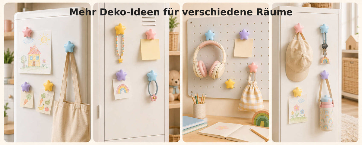 Bunte Sternmagnete als Deko und praktische Halterung an Schrank, Kühlschrank, Lochwand und Kinderzimmermöbeln.