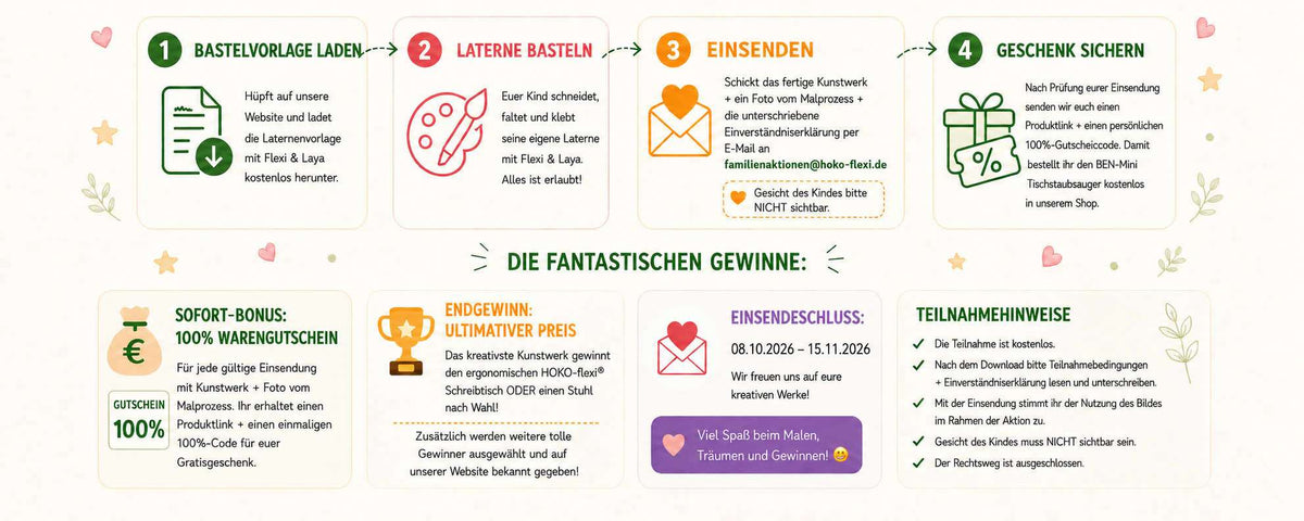 Laternen-Bastelaktion für Familien mit vier Teilnahmeschritten, Sofort-Bonus, Hauptgewinn, Aktionszeitraum und wichtigen Teilnahmehinweisen.