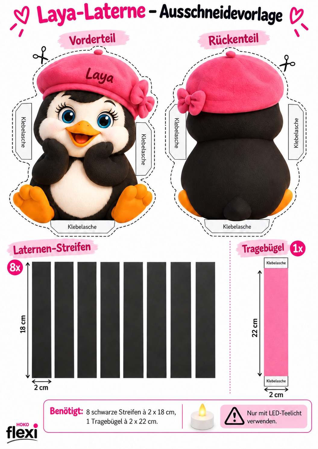 Ausschneidevorlage für eine Laya-Pinguin-Laterne mit Vorder- und Rückseite, Klebelaschen, schwarzen Laternen-Streifen, pinkem Tragebügel und Hinweis zur Verwendung eines LED-Teelichts.