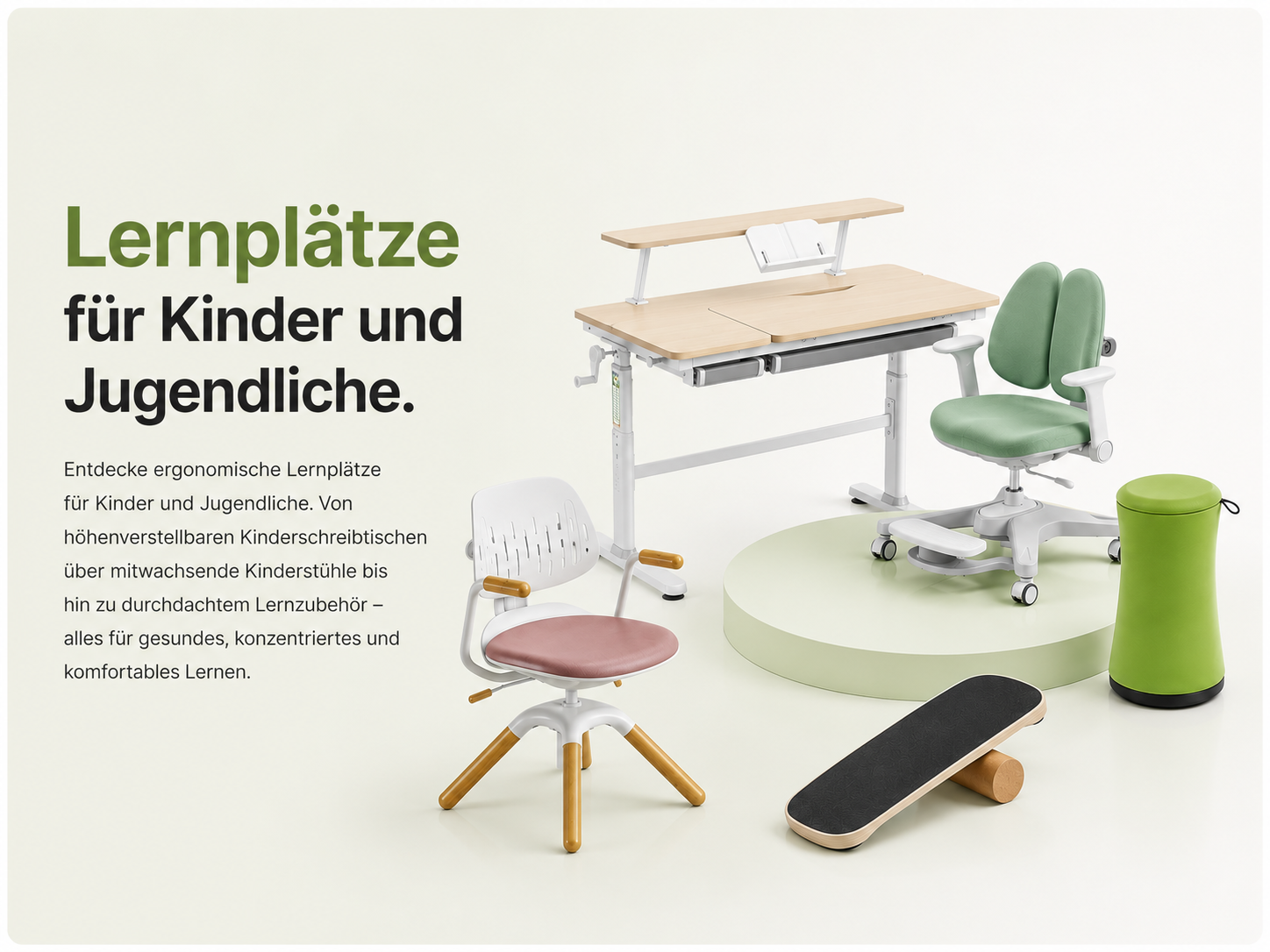 Lernplätze für Kinder und Jugendliche mit höhenverstellbarem Kinderschreibtisch, ergonomischen Kinderstühlen, Hocker und Balance Board von HOKO-flexi.