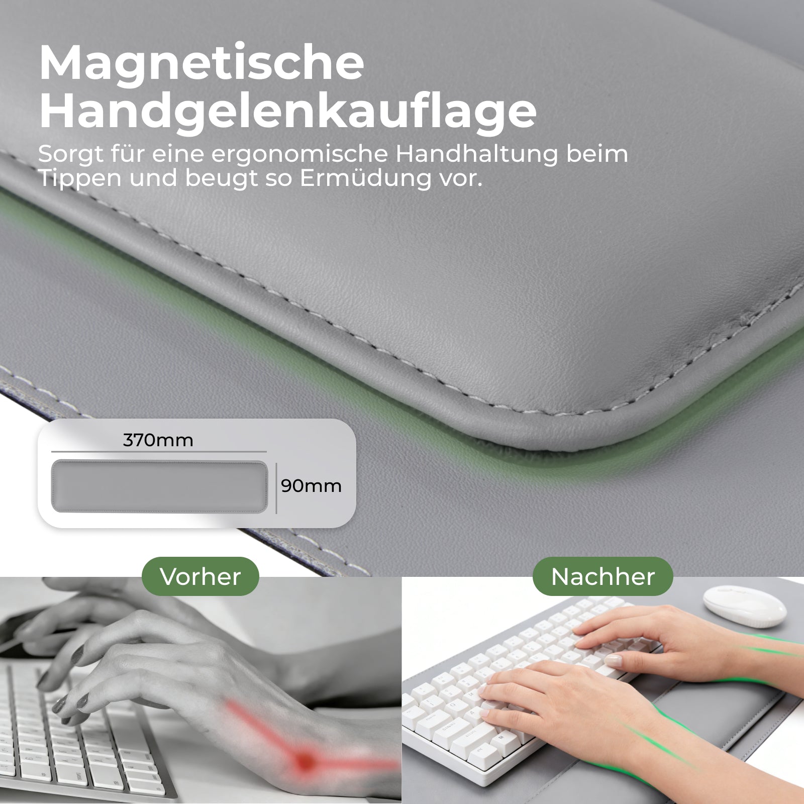 HOKO Schreibtischunterlage mit magnetischer Handgelenkauflage – 80 x 30 cm Desk Mat aus PU, wasserabweisend & rutschhemmend