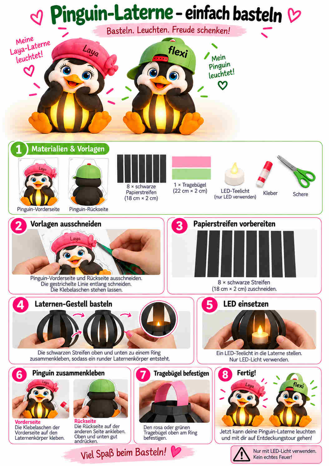 Schritt-für-Schritt-Anleitung zum Basteln einer leuchtenden Flexi- und Laya-Pinguin-Laterne mit Vorlagen, Papierstreifen, Tragebügel und LED-Teelicht.
